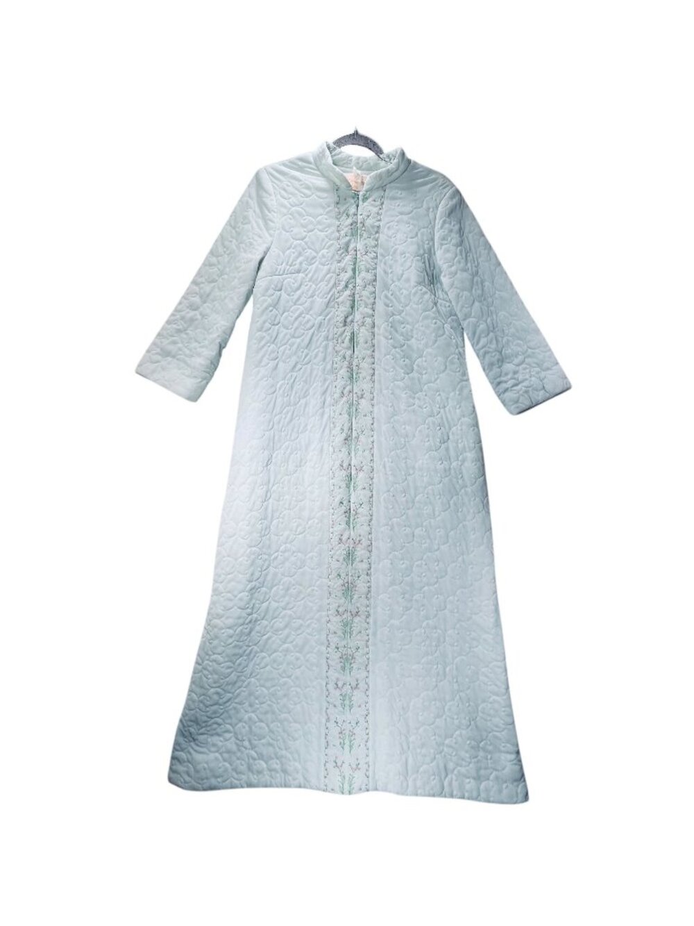Vtg Sears Pastel Mint Green Quilted Embroidered Long Robe Zipper Pockets READ